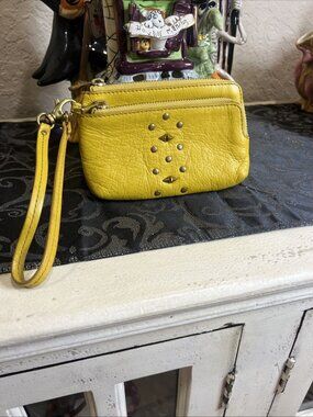 Fossil Leather Yellow Mustard Studded Wristlet Wallet